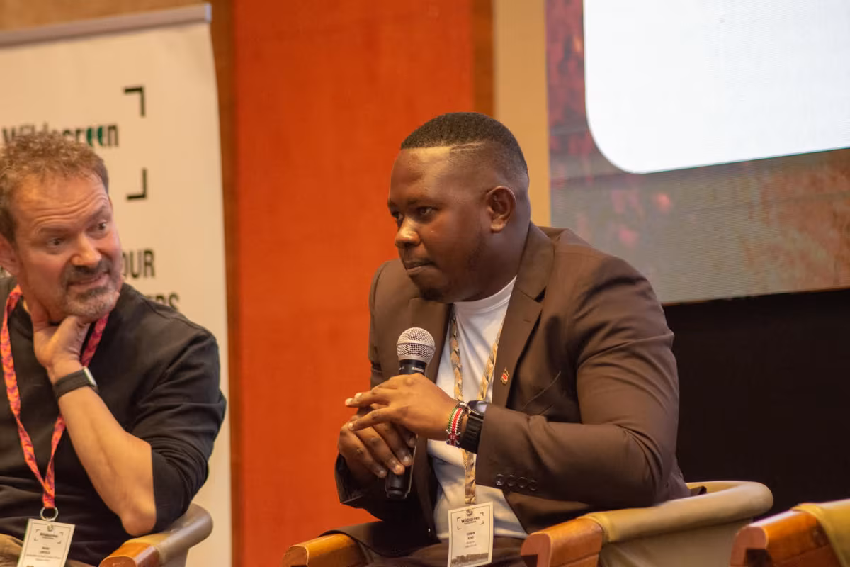 Edwin Rogoi speaking during a panel conversation at Wildscreen Festival Kenya