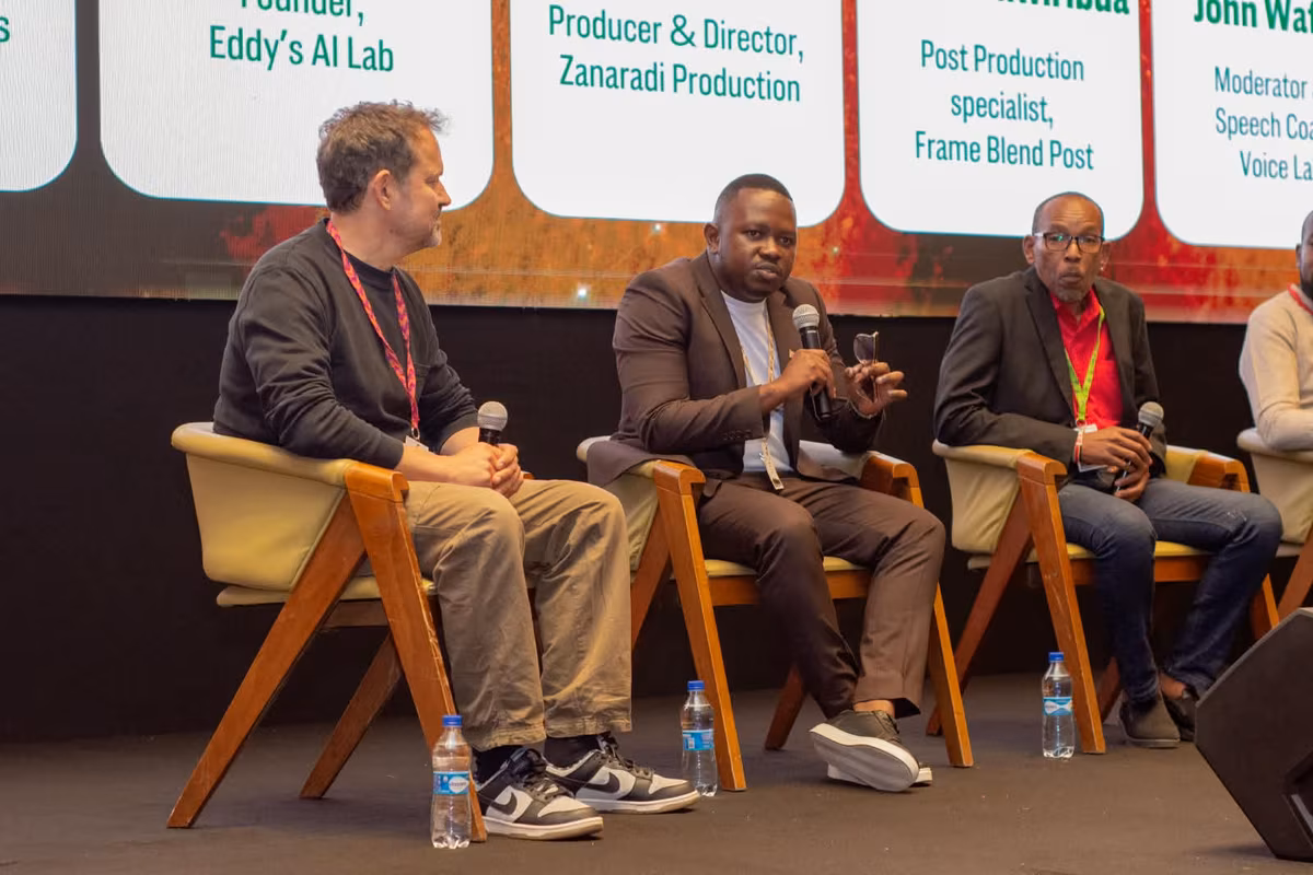 Edwin Rogoi speaking on an AI filmmaking panel at Wildscreen Festival Kenya