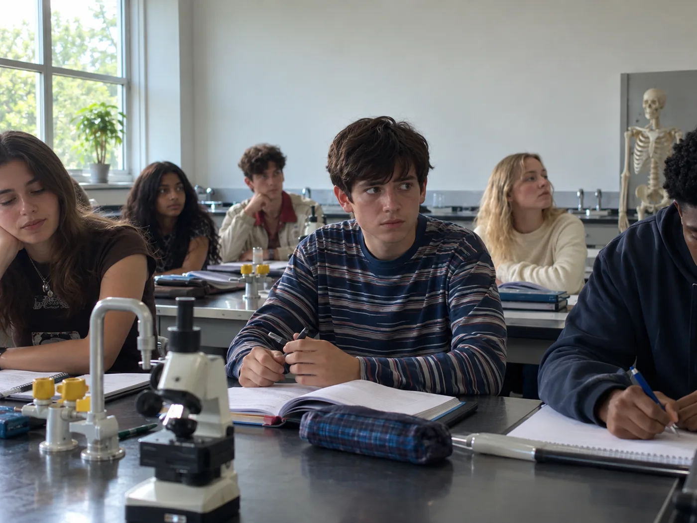 Students work at laboratory benches in a classroom setting.